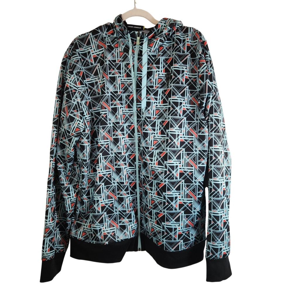 Under Armour Mens XL Loose Full Zip Hoodie Geometric Graphic Blue Black Orange‎